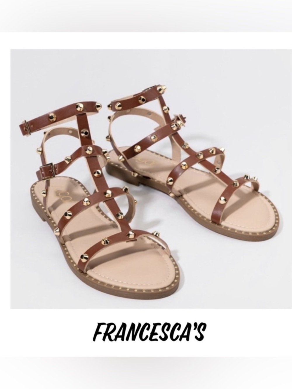 🤎New Francesca’s  Sugar Studded Gladiator Cognac And Gold Tone Stud Sandals🤎